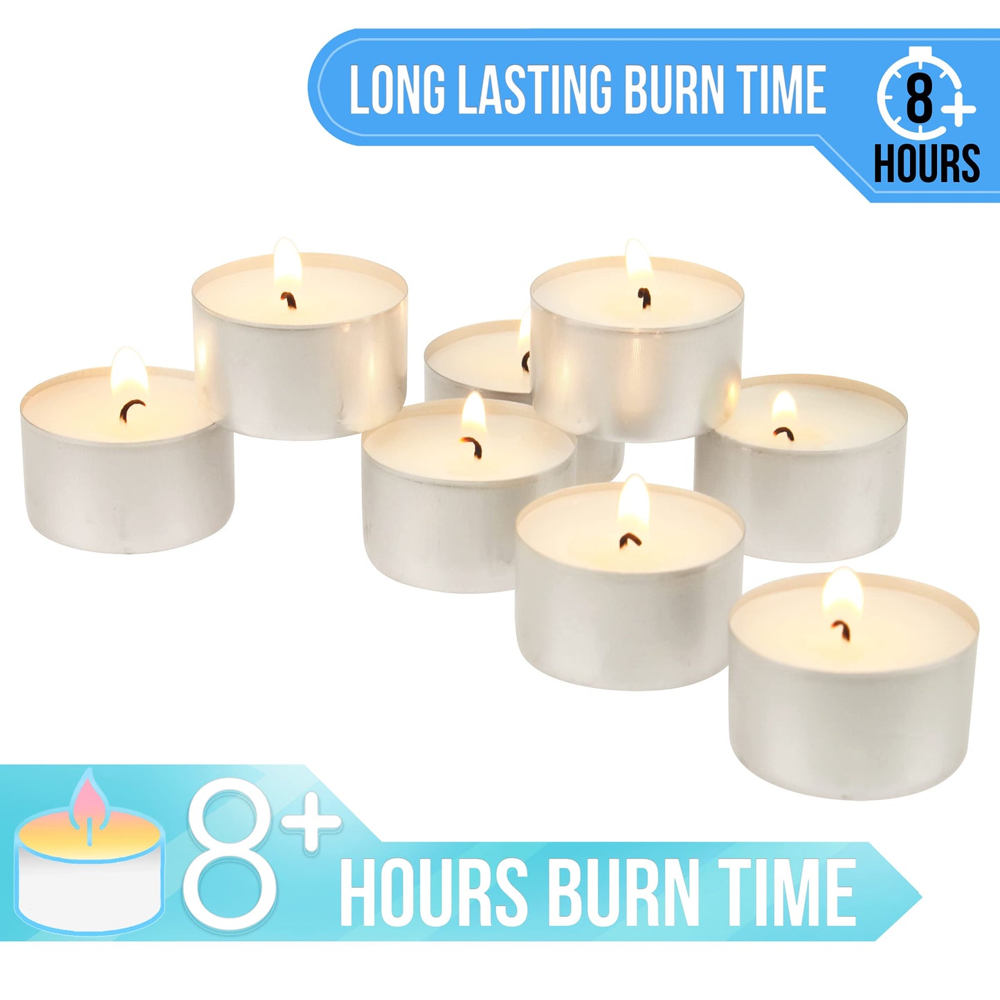 Stonebriar Unscented Tea Light Candles – 8 Hour Extended Burn Time, Smokeless Long-Lasting Wax Candles for Weddings, Holidays, Home Décor & Special Events, White, 100 Count