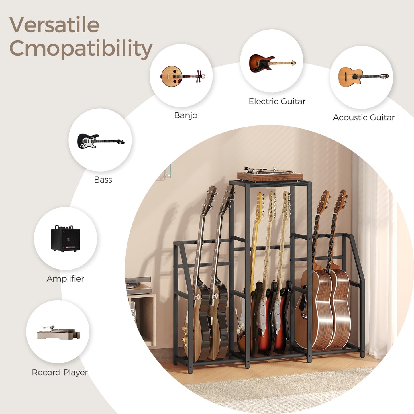 MAHANCRIS Guitar Stand, Multi Guitar Rack Stand for 7-10 String Instruments, Suitable for Bass, Ukulele, Banjo, Record Player, Accessories, with EVA Cover, for Music Studios, Black GSBK1401
