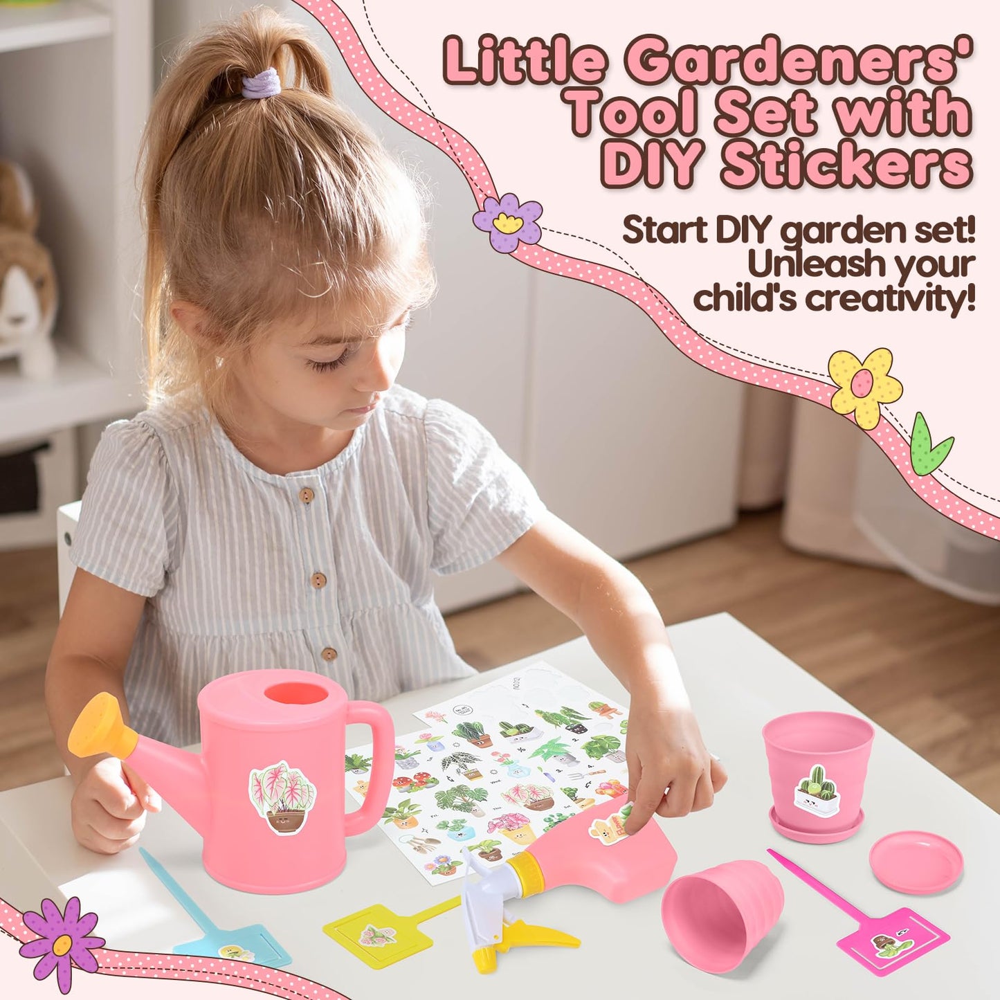 CUTE STONE Pink Kids Gardening Tool Set, Garden Toys W/Shovel, Rake, Trowel, Apron W/Pockets, Garden Tote Bag, Watering Can, DIY Stickers, Outdoor Backyard Digging Gift Toys for Boys Girls
