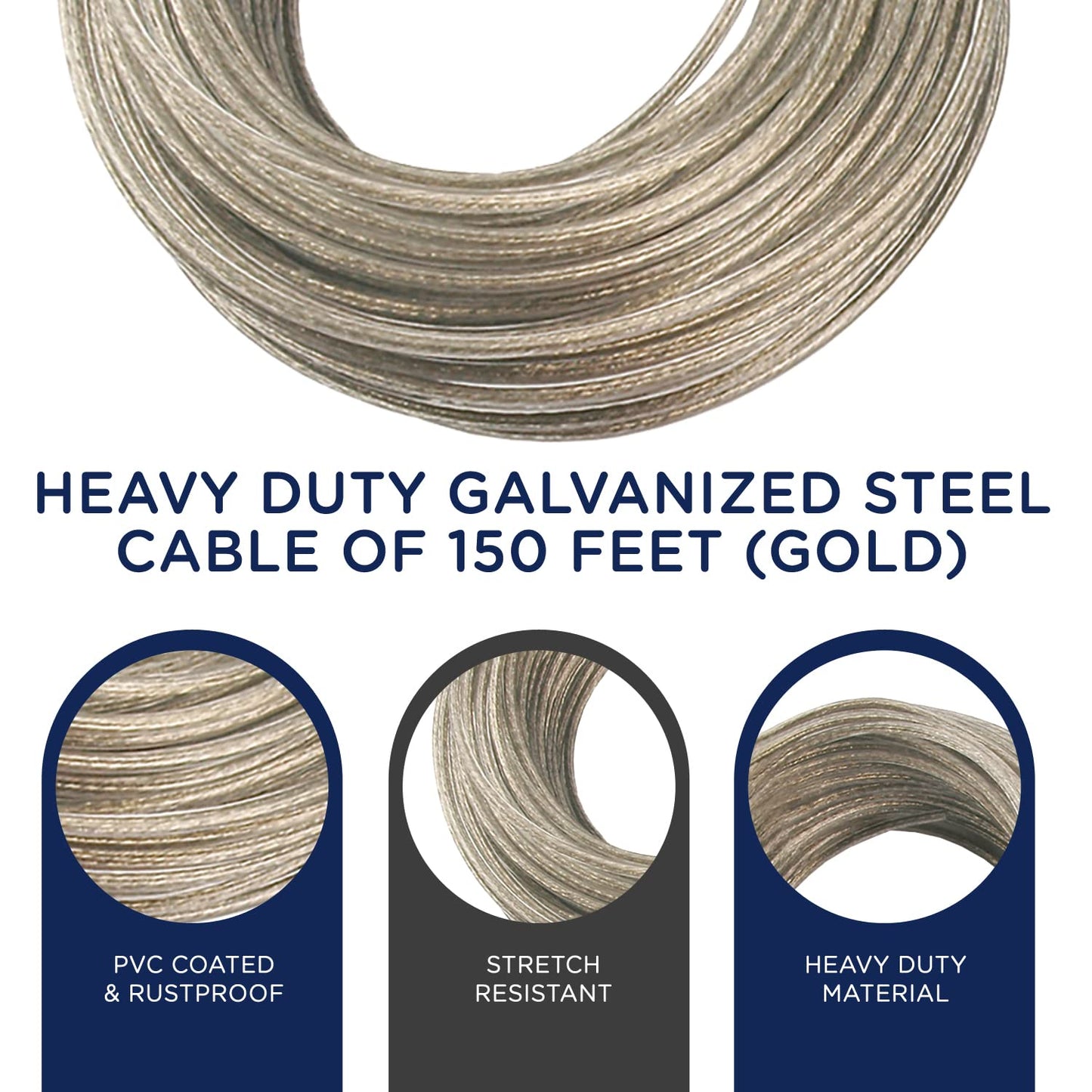 Strata Heavy Duty Clothes line Kit – 150ft Clothesline Outdoors with Smooth Gliding Pulley & Rust-Resistant Steel Cable - Complete Kit for Drying Clothes Outside (Gold)