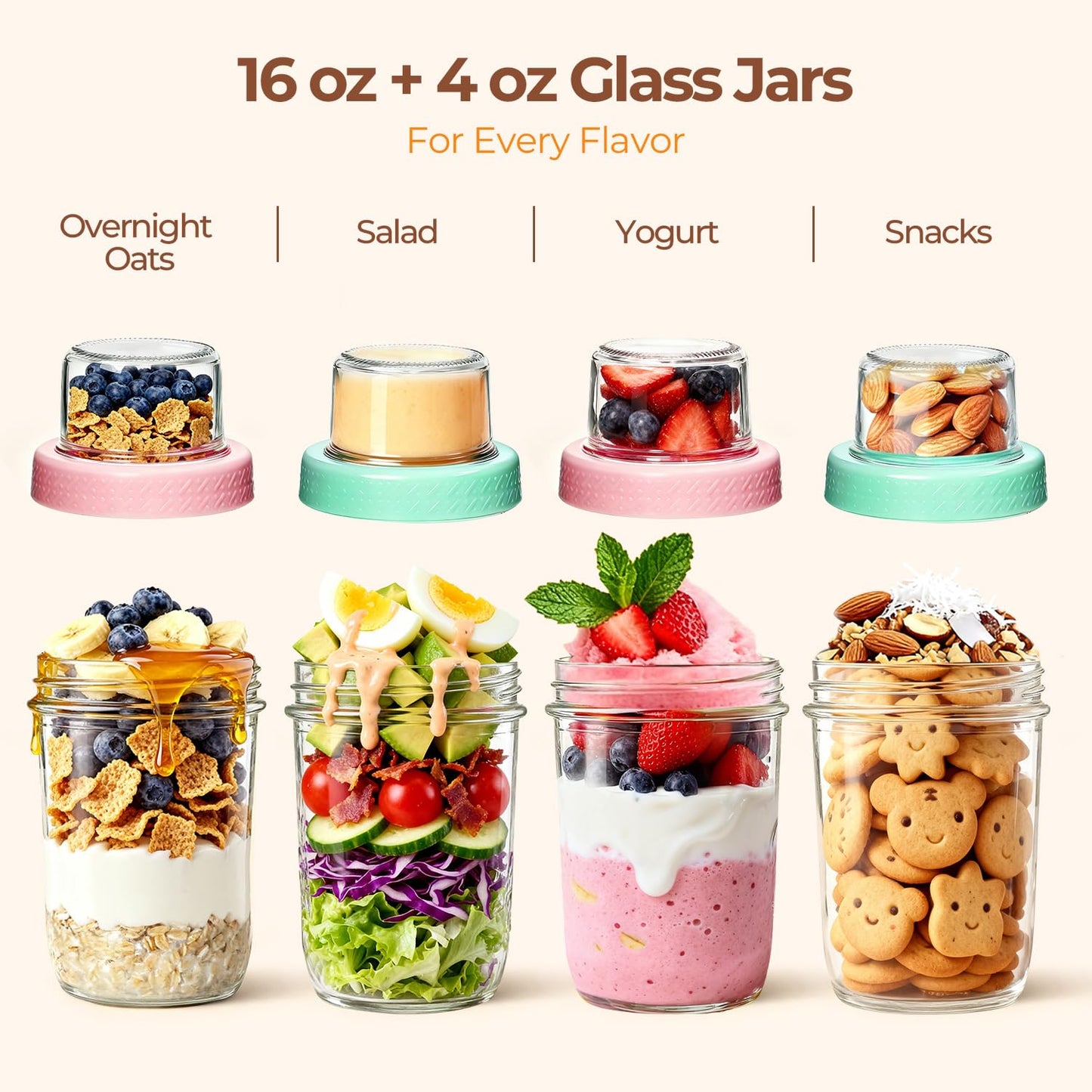 ComSaf Overnight Oats jars with Lids （16oz+4oz 4Pcs）, Dual-Laryer Chia Pudding Jars with Dry and Wet Separation, Yogurt Parfait Contianer for Oatmeal Cereal Nut Fruit, Meal Prep Glass Jars for Salad