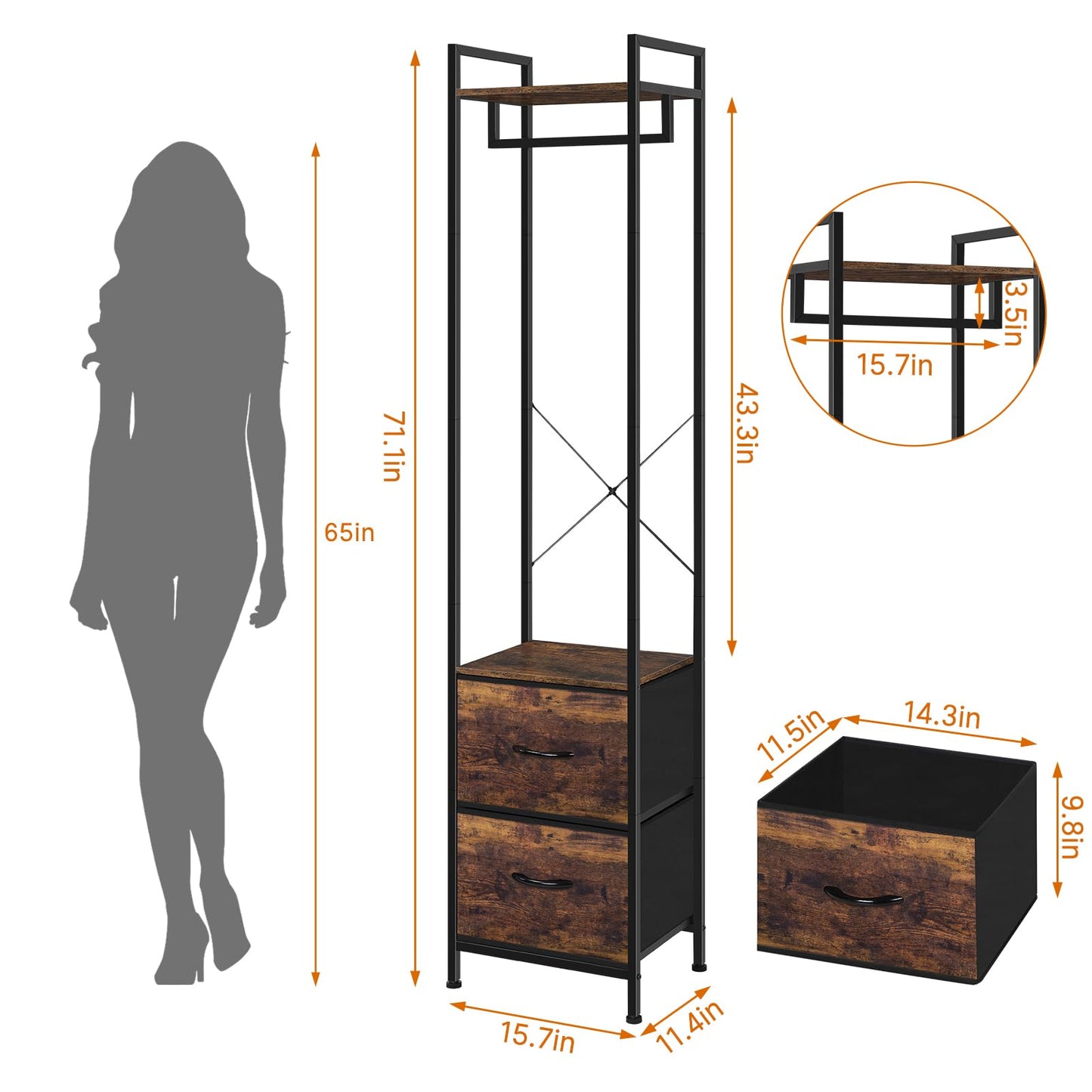 Bathroom Rack 3 Tiers Storage Rack Heavy Duty with Fabric Drawers and Storage Shelves Freestanding Organizer Stand Rack for Entryway Living Room