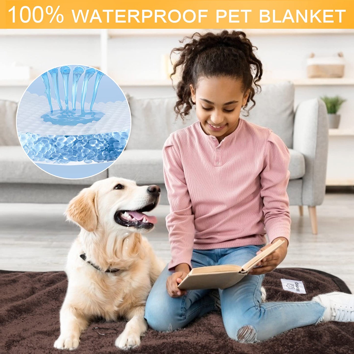 Dog Blanket Soft Fluffy Pet Blanket Waterproof Warm Cat Blanket Self-Warming Puppy Snuggle Blanket Warm Throw Pets Bed Blankets Dog Fuzzy Blankets for Sofa Travel 51.2 x 59”- Brown