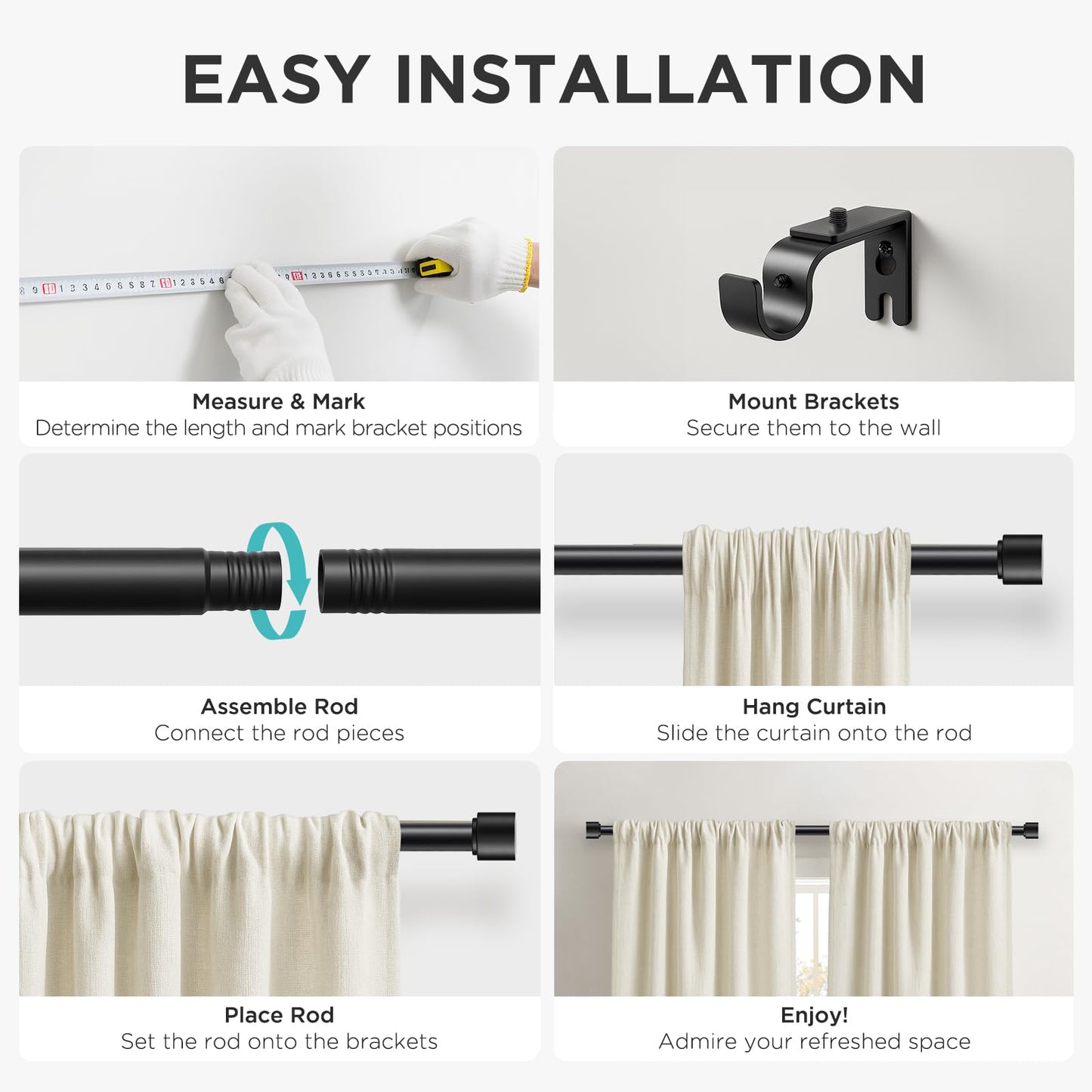Joydeco Black Curtain Rods for Windows 32 to 120 Inch, 1 Inch Heavy Duty Adjustable Drapery Rod with Brackets for Outdoor Patio, Living Room, Bedroom, Kitchen