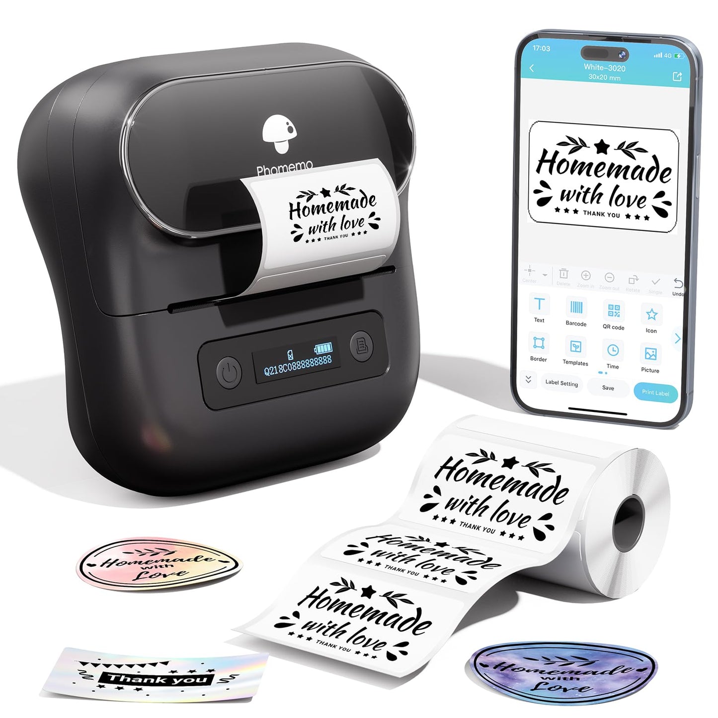 Phomemo M220 Bluetooth Label Maker for Christmas, Label Printer for Small Business, Label Maker Machine with Tape, Sticker Printer Compatible with Phone, Tablet & PC