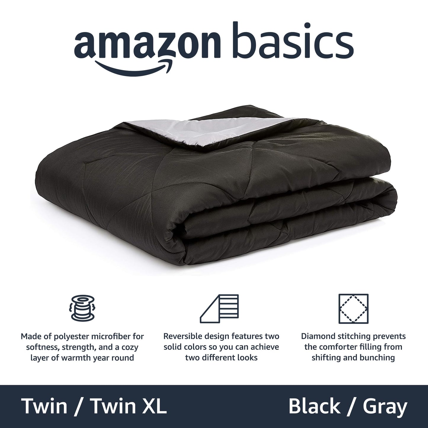 Amazon Basics Comforter Blanket Twin/Twin XL, Reversible Lightweight Microfiber All Season Blanket, Black/Grey