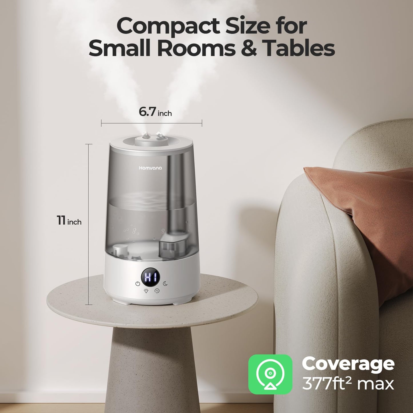 Homvana Humidifiers for Bedroom Home, 3.6 L Cool Mist Top-Fill 34H Super Long Time, Quiet 16dB, Baby Humidifier, Oil Diffuser Large, Plants, Nursery, Office BPA FREE, 7 Color Light (Grey)