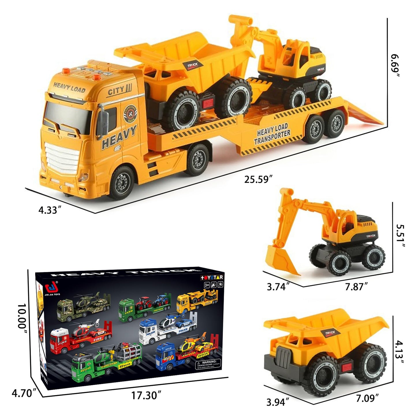 Yiwsnust Large Flatbed Semi Truck Toy for Kids, 25.6'' Construction Carrier Semi Truck with Excavator and Dump Trucks, Friction Powered Construction Transport Truck Kids Toy with Light & Sound