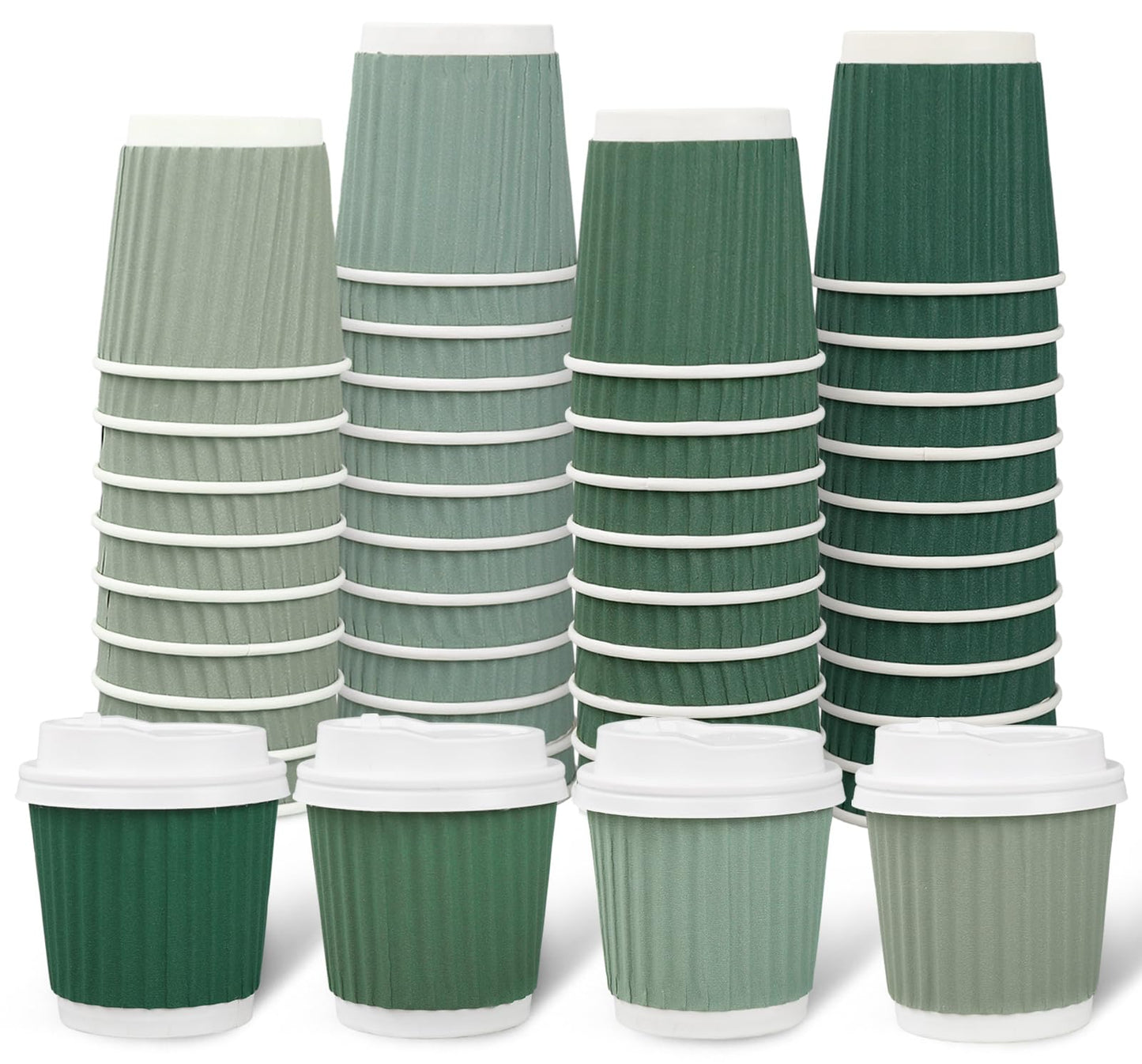Whaline 100Pcs Sage Green Disposable Espresso Cups with Lids 4oz Gradient Green Paper Cups Corrugated Ripple Wall Insulated Hot Cups for Home Office Party Supplies