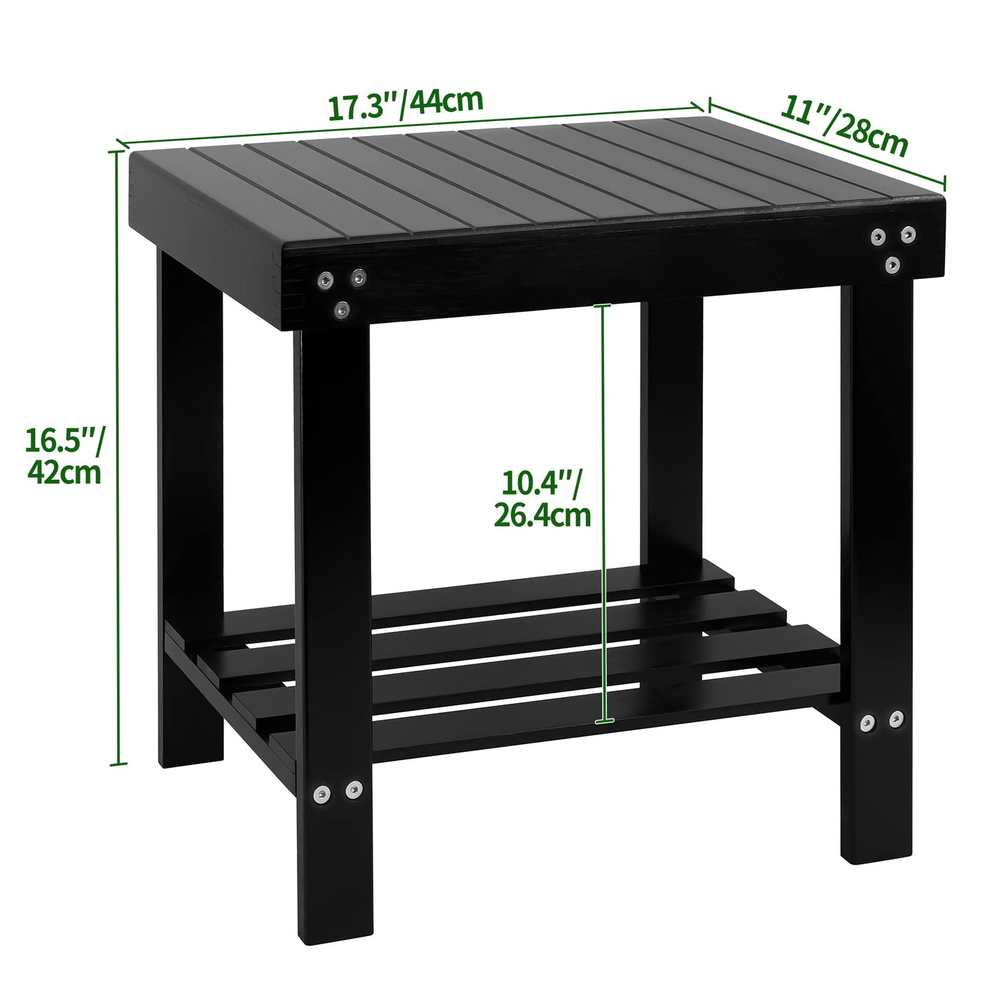 VaeFae - Bamboo Spa Bench with Non-Slip Feet and Shampoo Towel Storage Shelf, Works in Bathroom, Living Room, Bedroom, Garden, Black