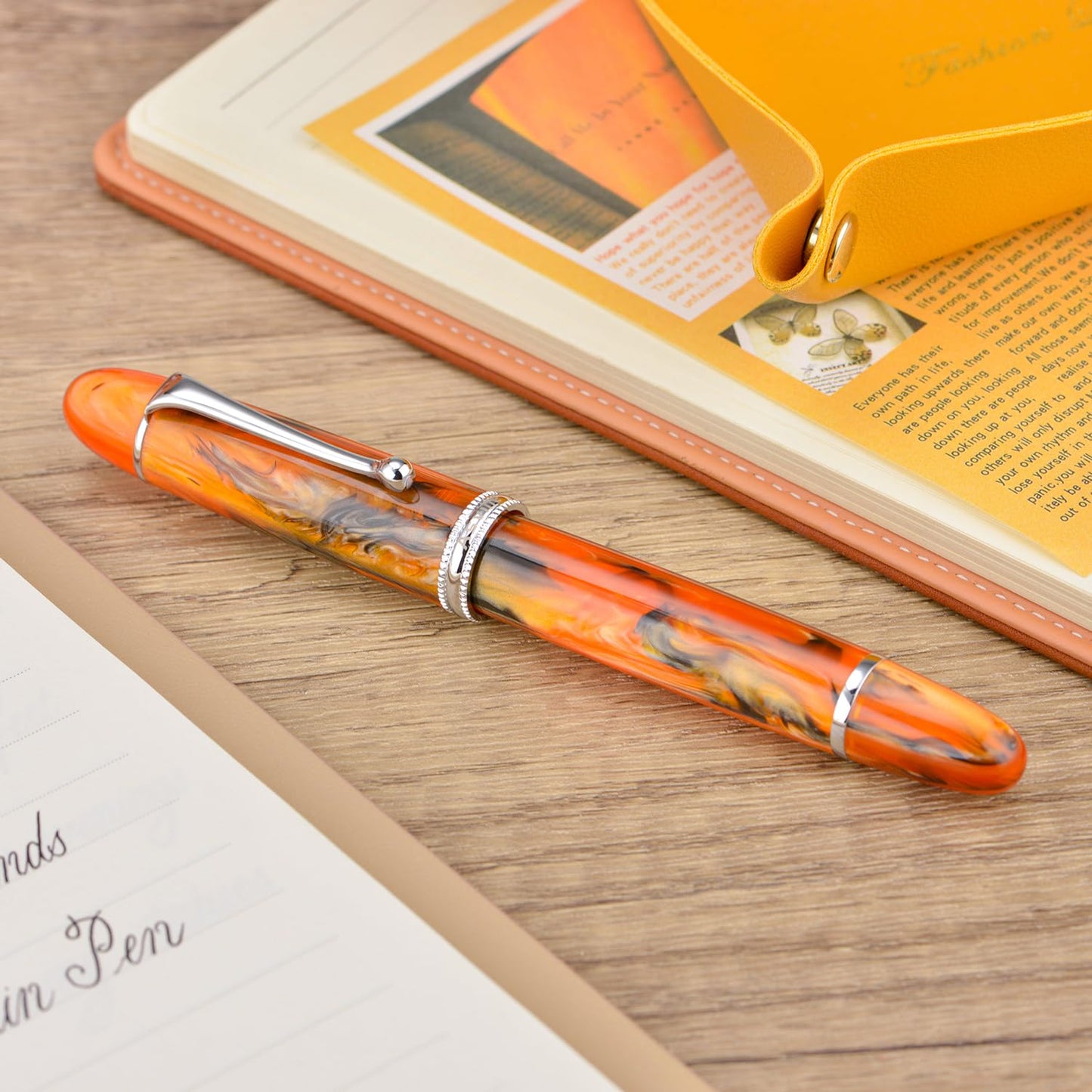 Asvine V800 Fountain Pen, Vacuum Filling System with Large Ink Capacity, Number 8 Nib, 1.1mm Nib, Calligraphy Art Drawing with Key, Amber