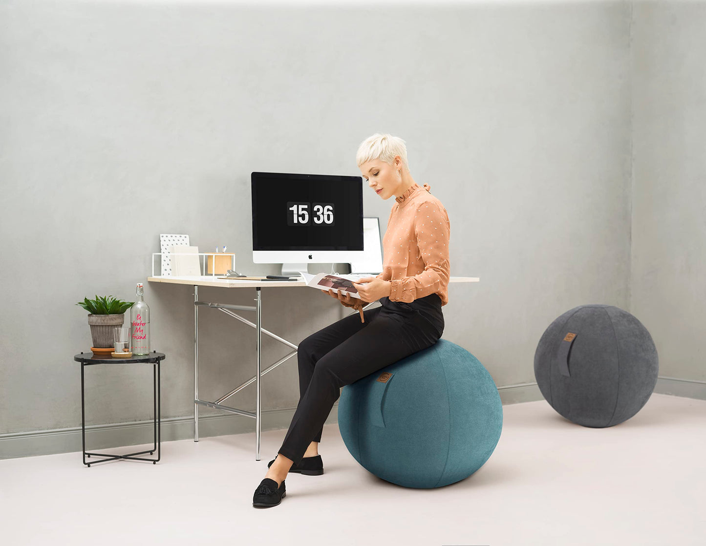 Gouchee Home Alfa Sitting Ball European Design Exercise Ball Chair for Offices, Home Pilates, Ergonomic Posture, Balance, Stability and Fitness Aesthetic Swiss Ball with Soft Cover and Handle. Petrol