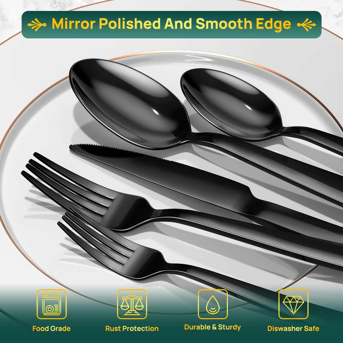 Yoehka 60 Pieces Black Silverware Set,Premium Stainless Steel Flatware Set for 12, Mirror Polished Tableware Cutlery Set for Home and Restaurant, Include Knife/Spoon and Fork, Dishwasher Safe