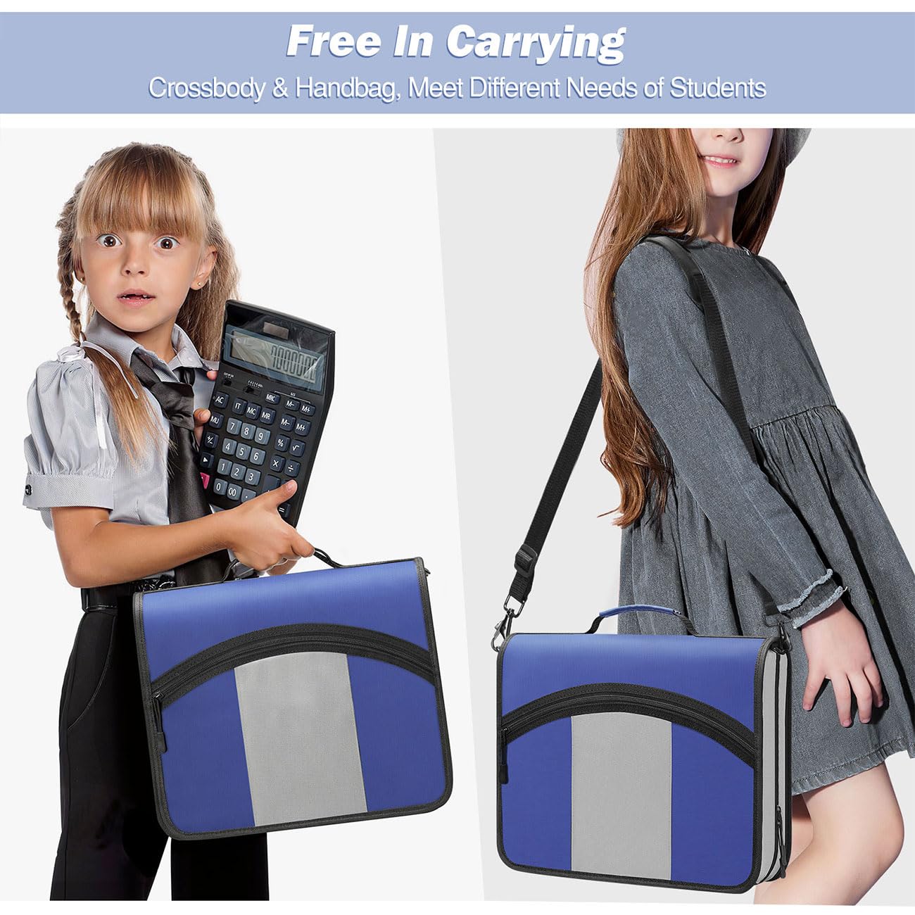 MoKo Zipper Binder, 3 Inch 3 Ring Binder with 600 Sheet Capacity Multi-Pocket School Organizer, Handle and Shoulder Strap Included, Blue & Gray