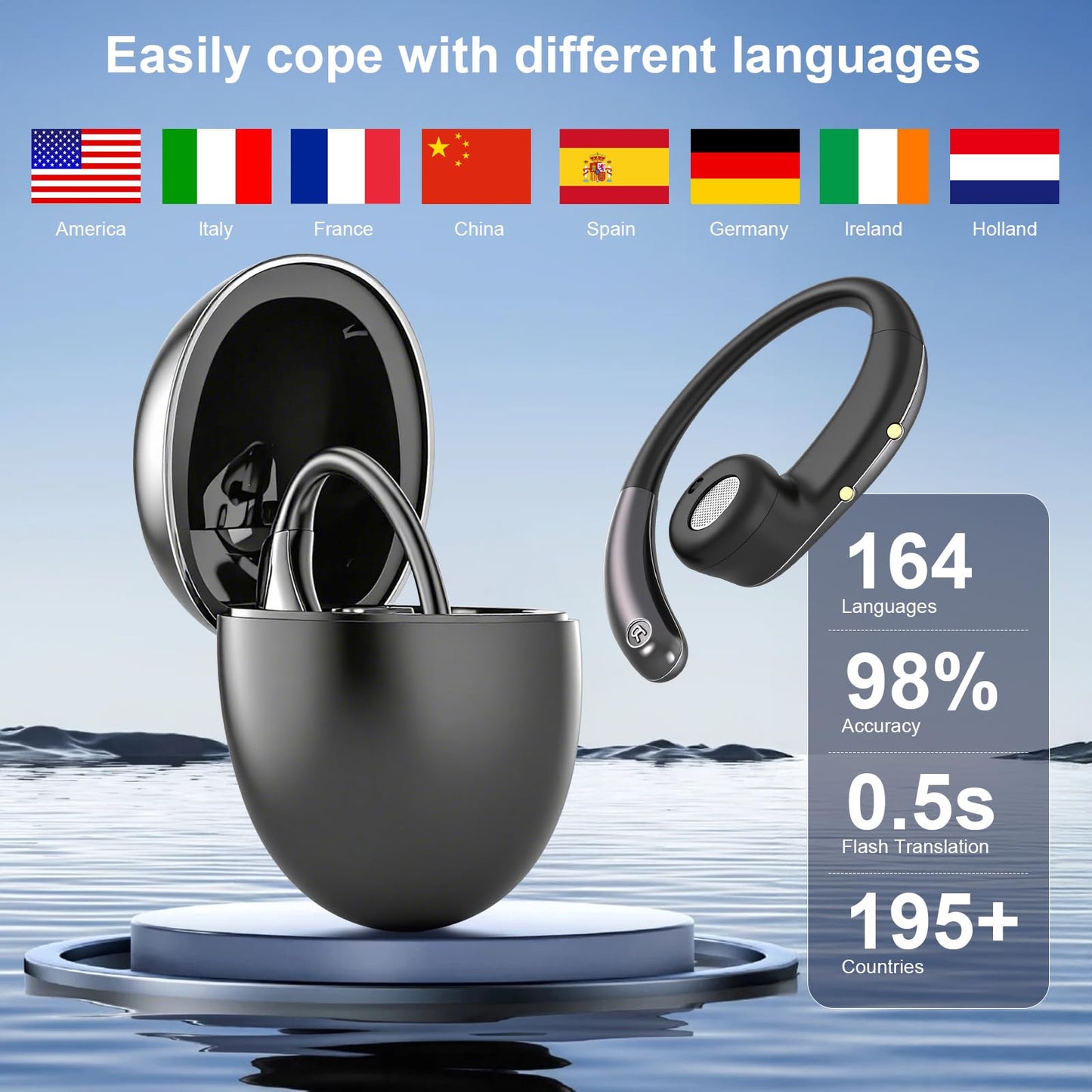 AI Language Translator Earbuds Real Time, 164 Language/3-in-1 Translating Device Headphones, Audífonos Traductores Inglés Español, Bluetooth 5.4 Translation Device for Travel Business Learning, Black