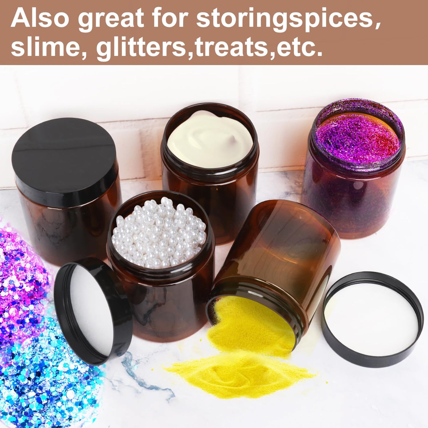 48 Packs 8.8oz (250 ml) Brown Plastic Jars with Black Lids, Cosmetic Containers jars with Wide-Mouth for slime, beads, rhinestones, sequins Cosmetics, Lotion, Cream, Ointments and More by KUKLIPJIM.
