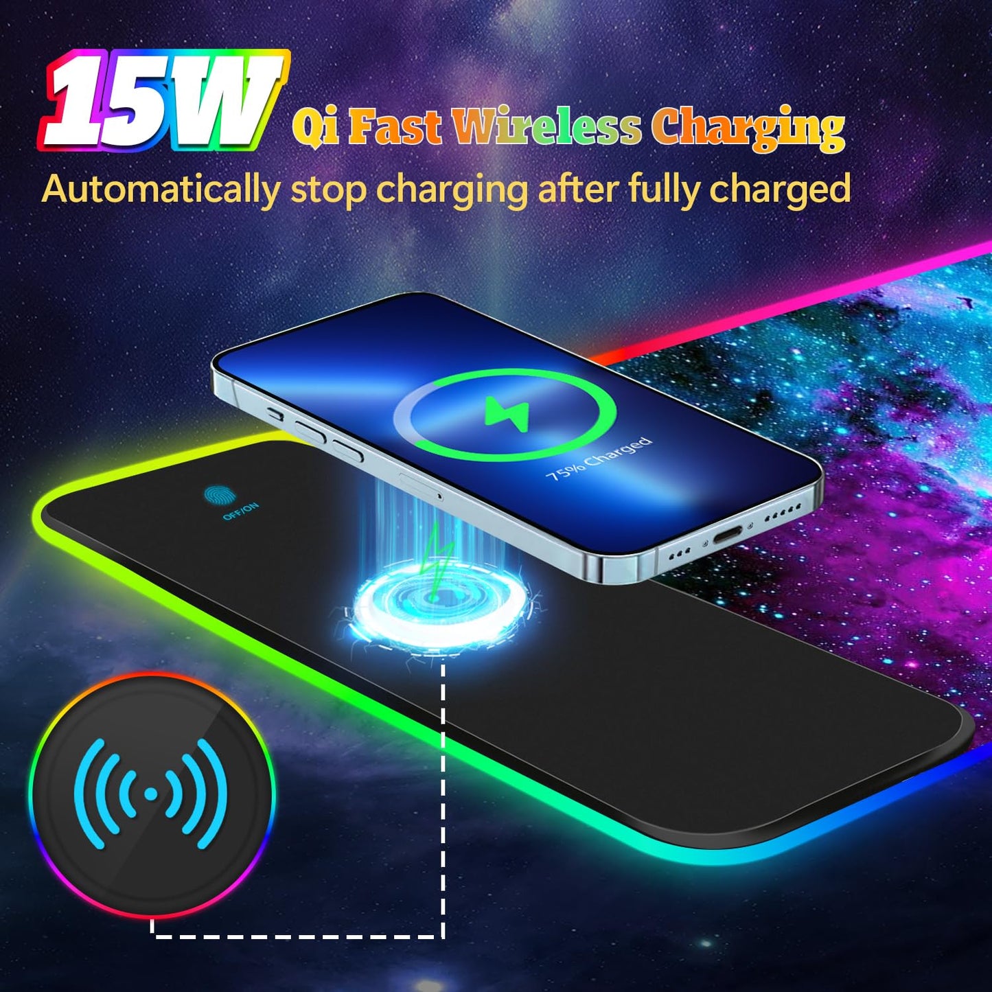 YQE Gaming Mouse Pad Wireless Charging: RGB Gamer Desk Mat 15W for Keyboard and Mouse, Large LED Desk Pad with 10 Colors LED Light, Non-Slip Rubber Base Keyboard Pad for Gaming, PC, Laptop