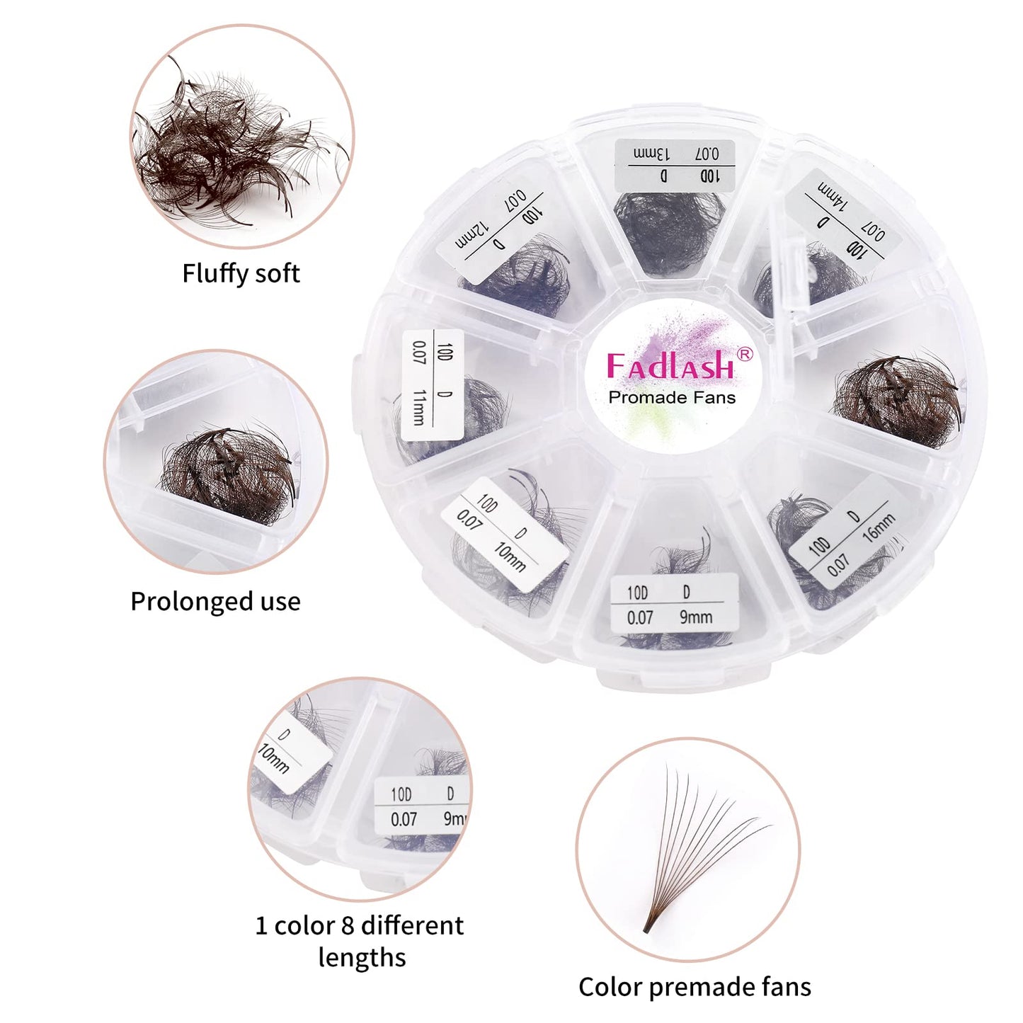Colored 10D Premade Lash Extensions - Brown Mix (9-16mm, 0.07D) - 1000 Volume Fans for Eyelashes