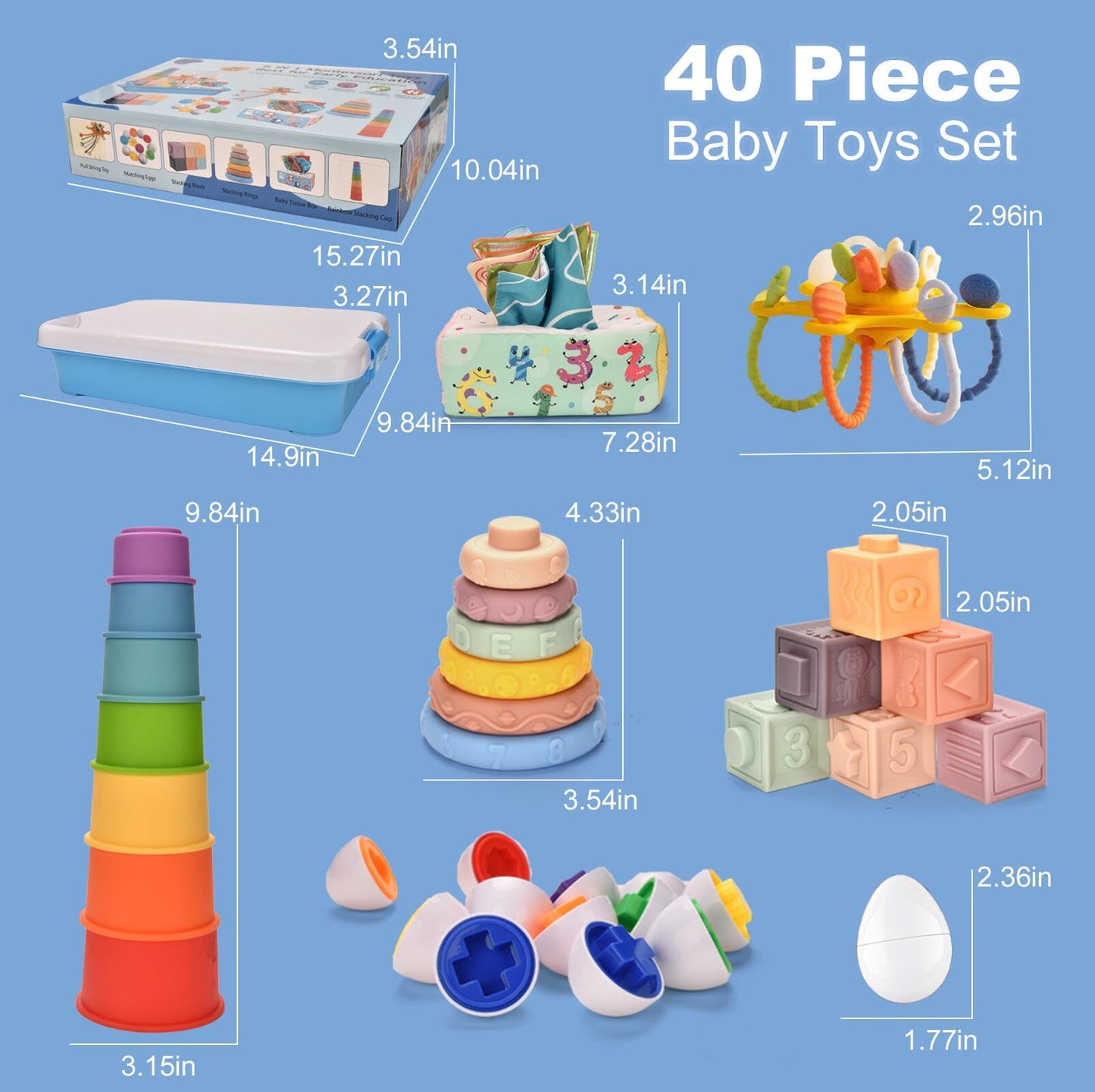Montessori Baby Toy for 6 to12 Months,6 in 1 Montessori Sensory Toys for 1 Year Old,Baby Stacking Building Block Cups & Rings,Pull String Toy Magic Tissue Box for Toddlers 6-9-12 Months Boy Girl Gift