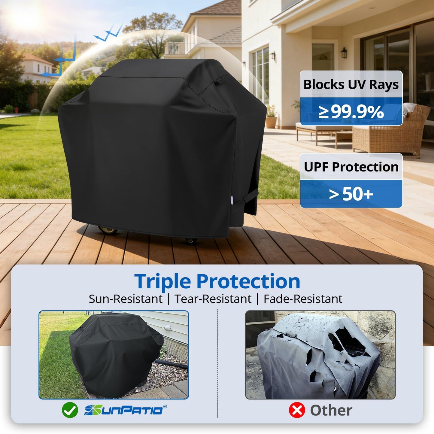 SunPatio BBQ Cover 60 Inch, Heavy-Duty Waterproof Gas Grill Cover, UV and Fade Resistant Barbecue Cover, All Weather Protection for Napoleon Weber Charbroil Nexgrill Kenmore Grills and More, Black