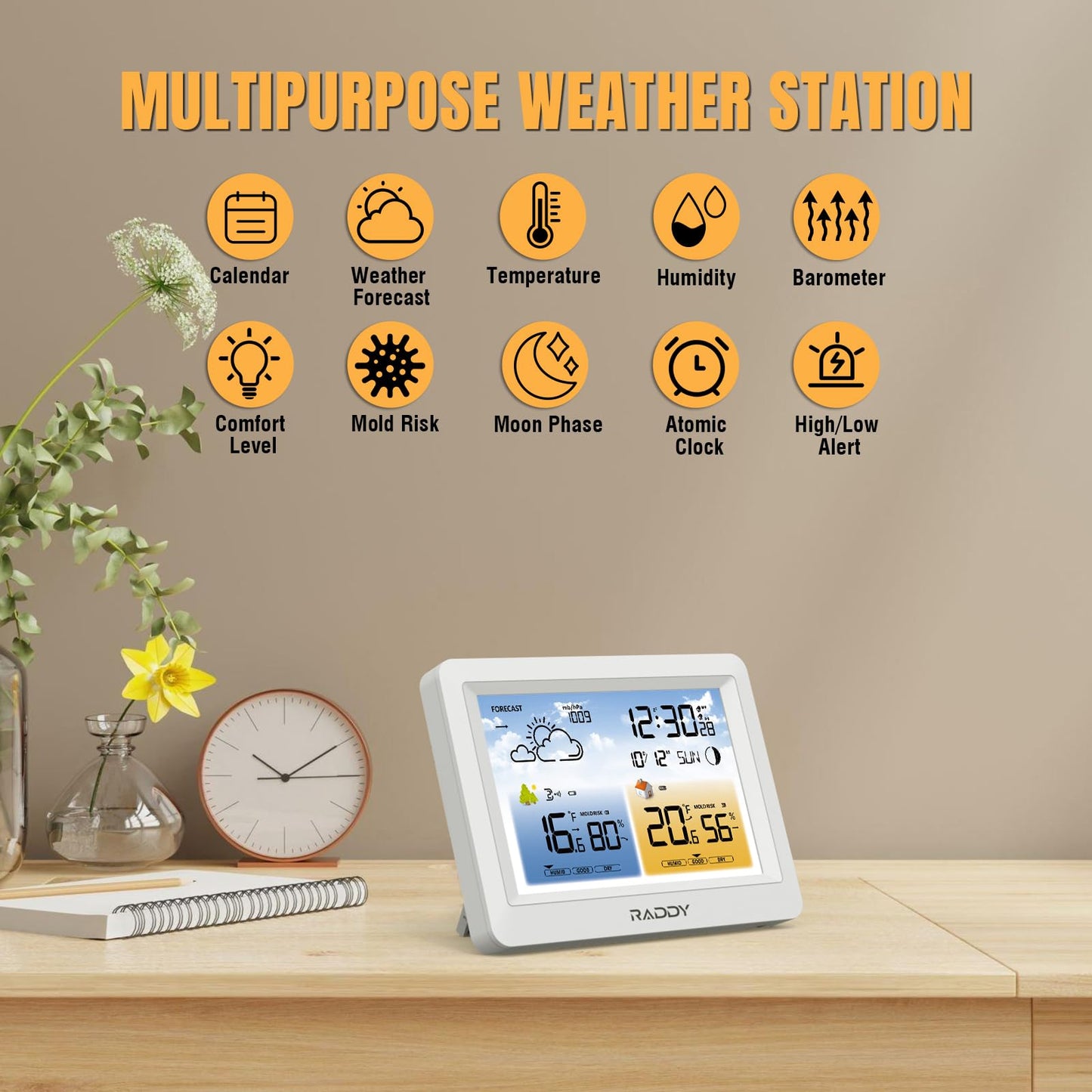 Raddy WM6 Weather Station Wireless Indoor Outdoor Thermometer Hygrometer Barometer w/Built-in 2000mAh Battery, Atomic Clock, Weather Forecast, Mold Risk Alert, with Remote Sensor for Home