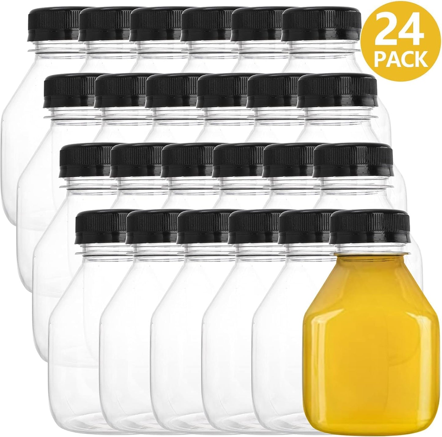 DEAYOU 24 Pack Mini Plastic Juice Bottles, 8 OZ Empty Clear Beverage Bottles with Caps, Small Reusable Drink Container with Tamper Evident Lid for Take Out, Milk, Smoothie, Juicing, Tea, Cold Drinks