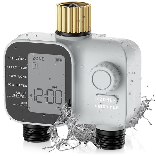 2027 New Upgrade Sprinkler Timer 2 Zone with Brass Inlet, Unistyle Water Timer for Garden Hose with Rain Delay and Manual Water/Automatic Irrigation, Hose Timers for Yard and Lawn Patio