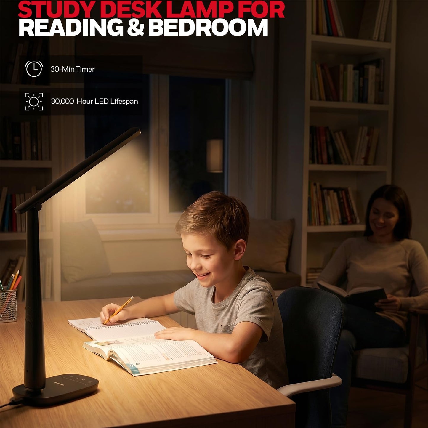 Honeywell LED Desk Lamp for Home Office, Dimmable Desk Light with USB A+C Dual Charging, 4 Modes Brightness Touch Lamp with Timer, Eye Caring Foldable Reading Light, Table Lamp for Study Nightstand