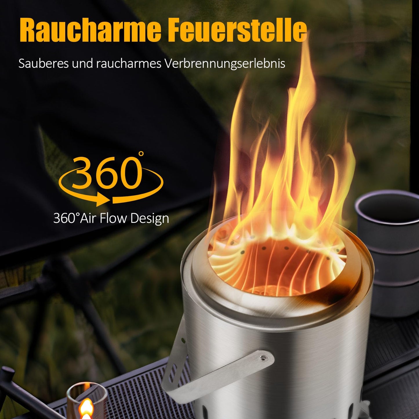 YIKEDAN Tabletop Fire Pit with Folded Stand and Carry Handle, Portable Stainless Steel Fire Pit with Travel Bag, Outdoor Smokeless Stove for Camping, Fueled by Pellet or Wood