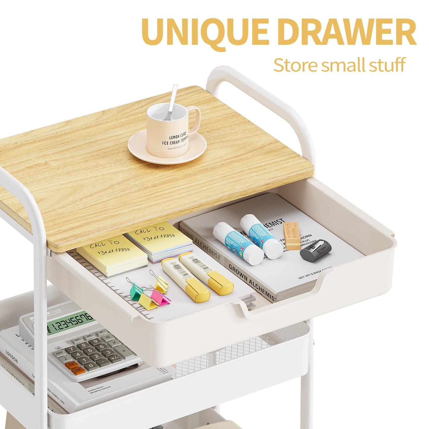 TOOLF 3-Tier Utility Rolling Cart with Wooden Board and Drawer, Metal Storage Cart with Handle, White Trolley Kitchen Organizer Rolling Desk with Locking Wheels for Office, Classroom, Home, Bedroom