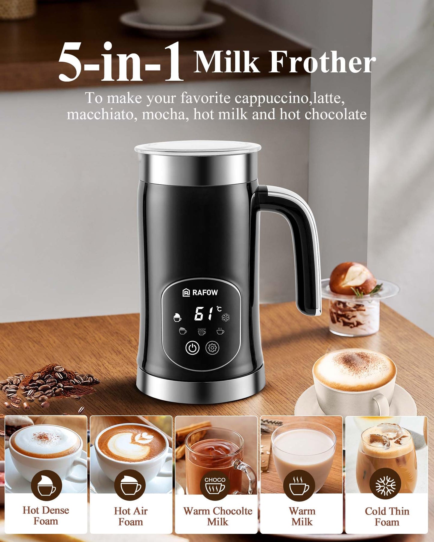 5-in-1 Milk Frother Electric Steamer: Automatic Magnetic Foamer with Hot Foam Cold Froth for Cappuccino Latte Matcha - 350ml Large Capacity Milk Warmer Chocolate Heater Stainless Steel