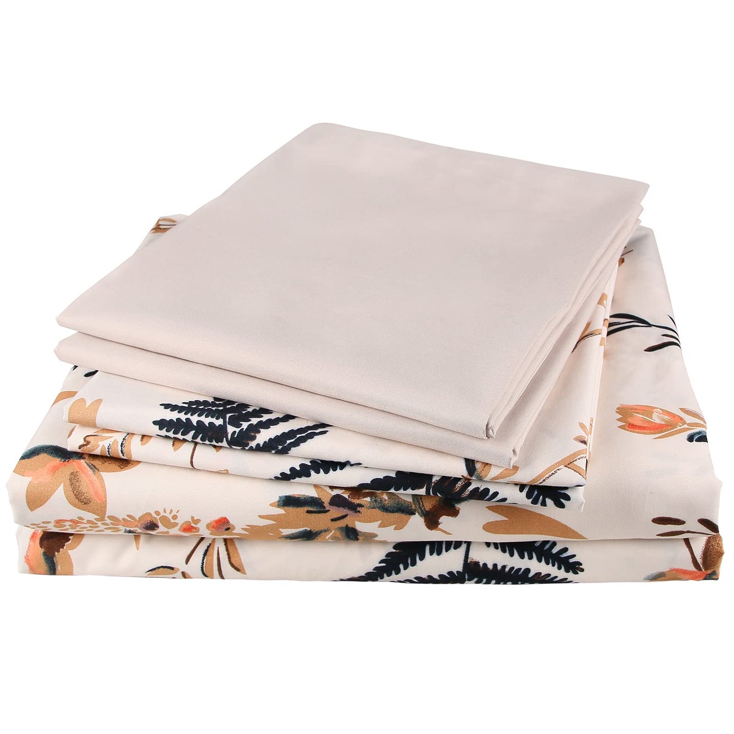 JSD Blush Pink Floral Print Sheet Set Queen 6 Piece, Soft Botanical Ferns Pattern Microfiber Sheets Deep Pocket