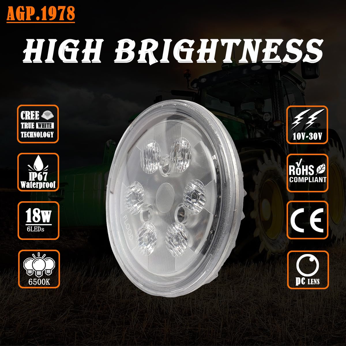 AGP.1978 2PCS Par36 LED Tractor Light Round Flood Lamp 5000K LED Work Light 12V Sealed Beam Compatible with John Deere Tractor 4430 3010… (Flood Beam)