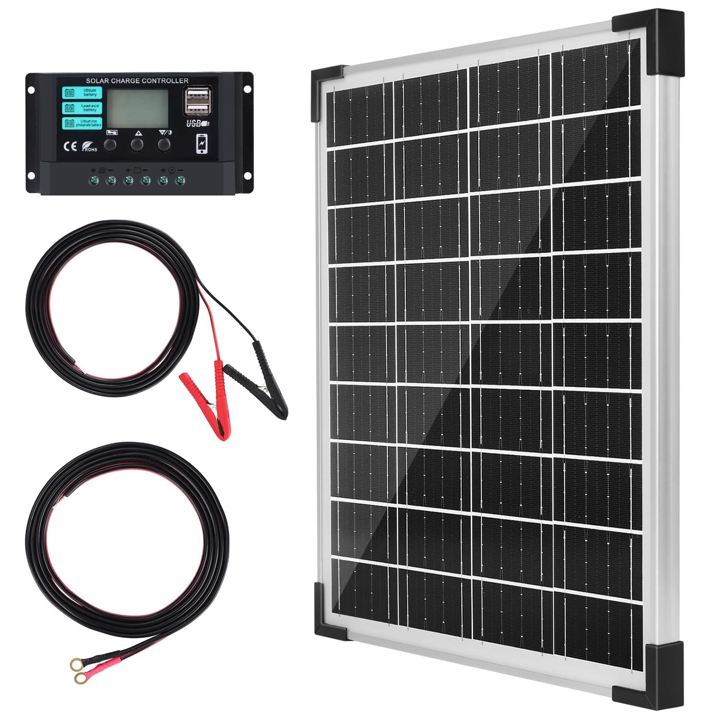 TBER Solar Panel Kit 20W 12V, Solar Battery Charger with 10A Charge Controller and Extension Cables with Battery Clips O-Ring Terminal for Car Motorcycle RV Marine Boat Camper Other Off Grid System