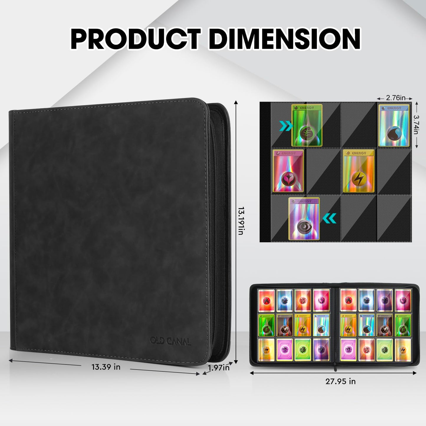 Old Canal Trading Card Binder, 12 Pocket Card Album Folder Hold Up to 720 Cards, Premium and Durable Zipper Binder, Cards Holder Album for MTG, TCG, Baseball Cards (Black)