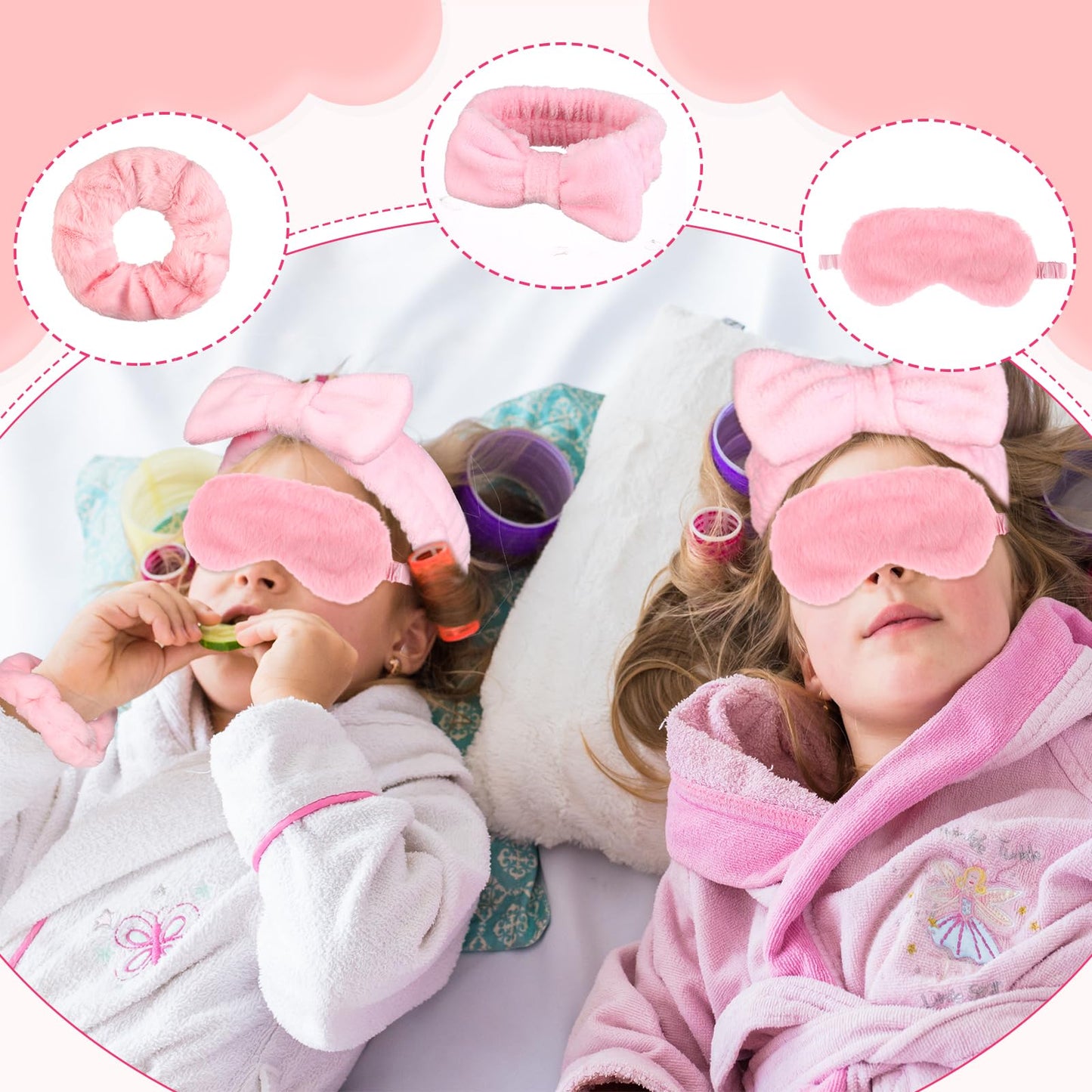 30 Pcs Spa Sleepover Party Supplies 6 Bow Makeup Headband 6 Plush Sleep Eye Mask 6 Velvet Scrunchies 6 Makeup Remover Cloth 6 Clear Cosmetic Bags for Women Slumber Party Favors, Pink, Cute