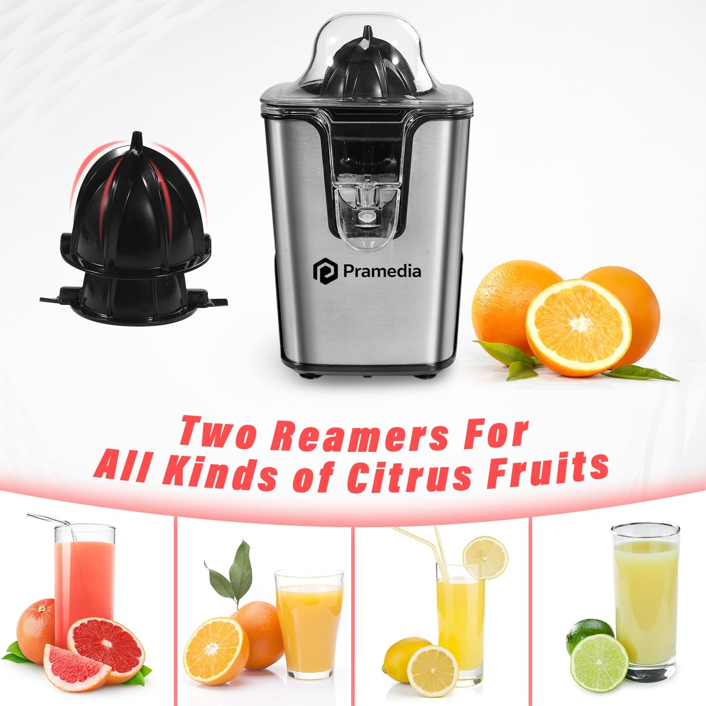 PRAMEDIA Electric Citrus Juicer Stainless Steel - 40W Orange Juicer with Adjustable Anti-Drip Spout & 2 Cones for Lemon,Limes, Grapefruit - Auto-Reversing Squeezer for Fresh Fruit Juice