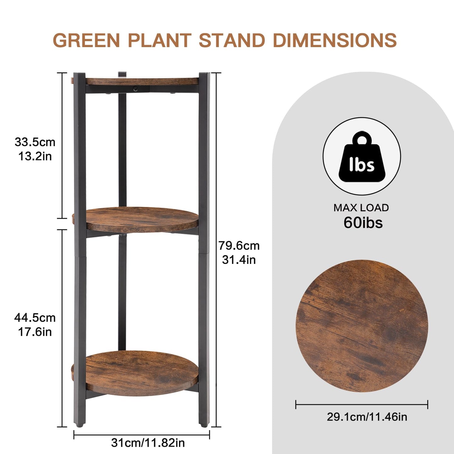 ZBBCTUS Plant Stand Indoor, Corner 3 Tier Tall Plant Stand Shelf with Brown Round Wooden Shelves, Heavy Duty Metal Frame Plant Holder, Sturdy Storage Rack for Living Room Balcony Garden Outdoor