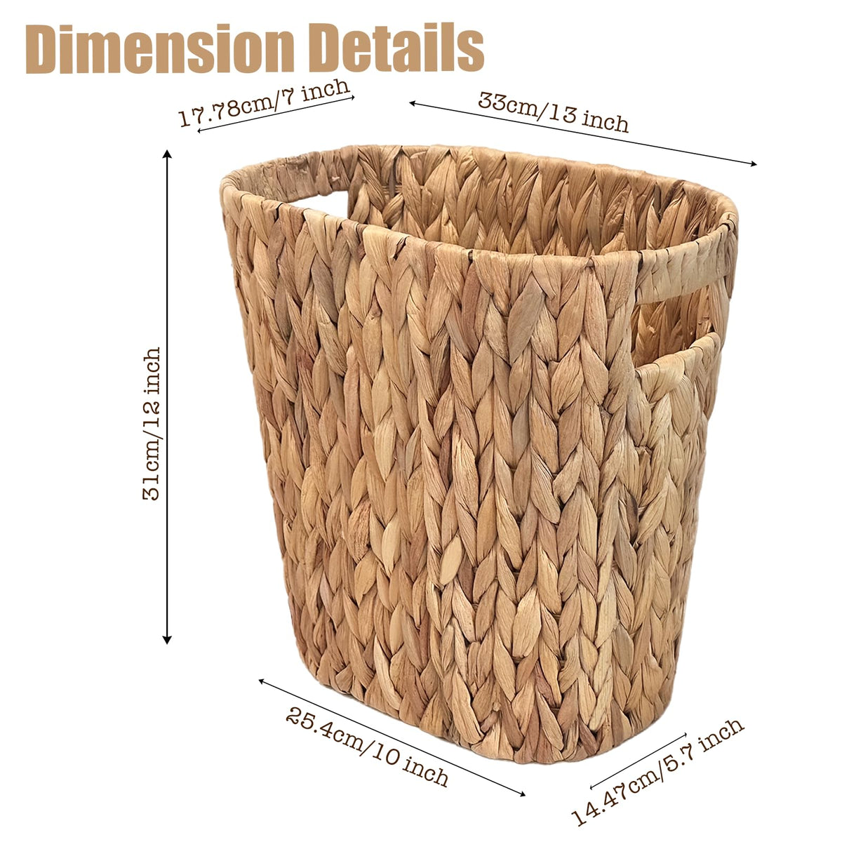 PINXIURY Bathroom Wicker Trash Can Handwoven Wicker Waste Basket with Built-in Handles Water Hyacinth Garbage Can for Bedroom Office Kitchen 100% Handmade 13" L x 7.5" W x 12.2" H, 3.2 Gallon