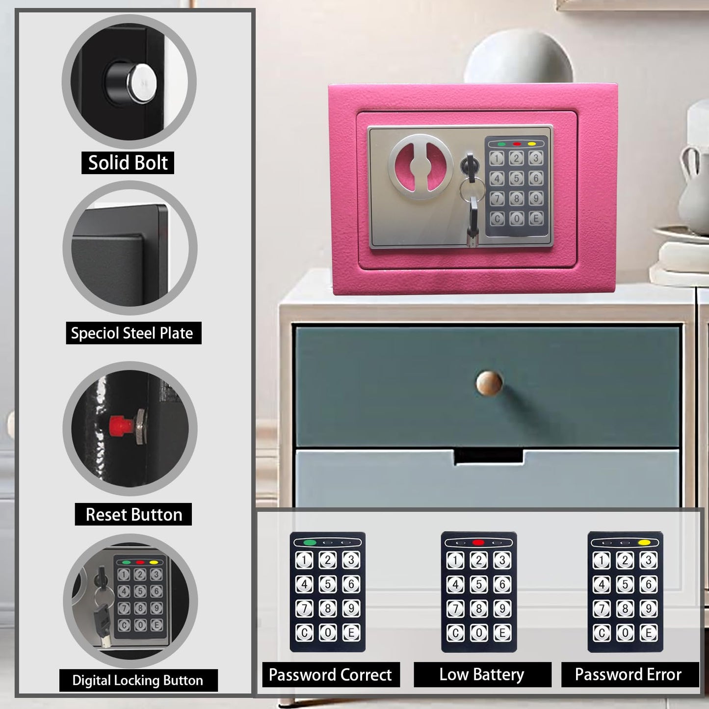 Yuanshikj Electronic Deluxe Digital Security Safe Box Keypad Lock Home Office Hotel Business Jewelry Gun Cash Use Storage (Pink)