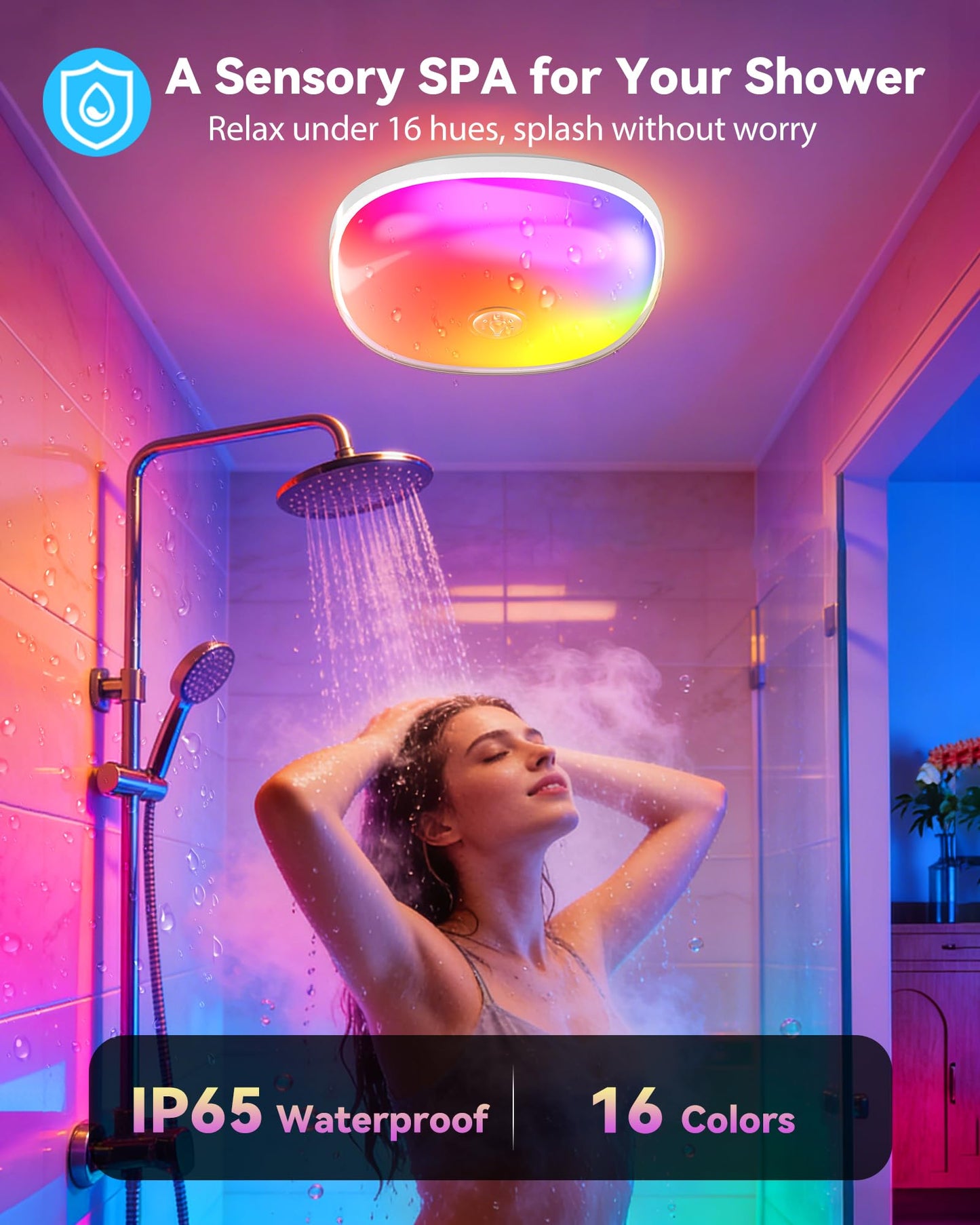IP65 Waterproof Rechargeable Shower Light – 6″ 300LM Bright Shower Lamp, 16 Colors Mood Lighting with Touch & Remote Control, Magnetic Wireless Ceiling/Wall Light for Inside Shower, Bathroom, Bathtub