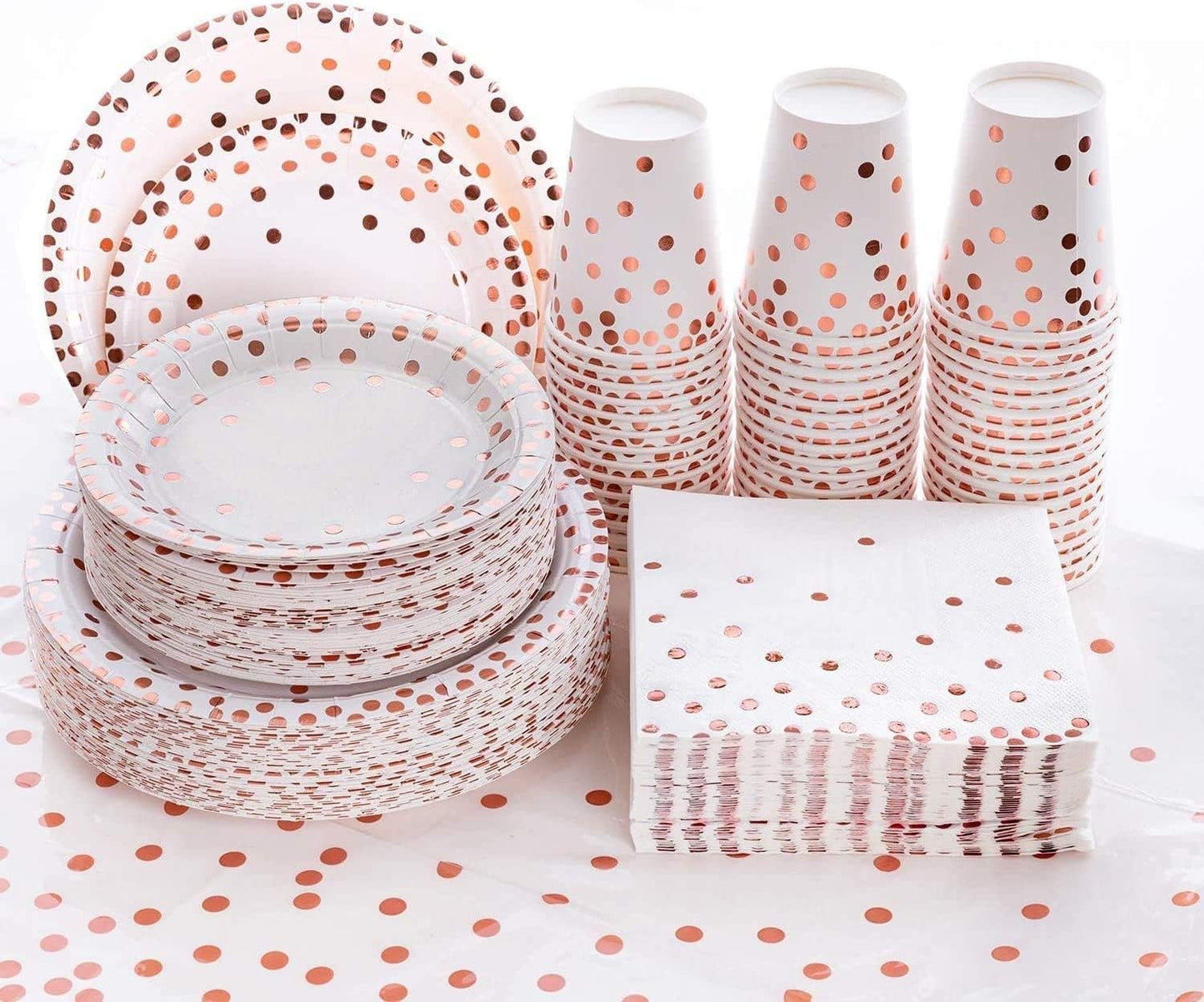 201 PCS Disposable Plates Rose Gold Party Supplies, Polka Dots Paper Plates, Include 50 Dinner Plates,50 Dessert Plates,50 Napkins 50 Cups, 1 Plastic Tablecloth,for Baby Shower Wedding Birthday
