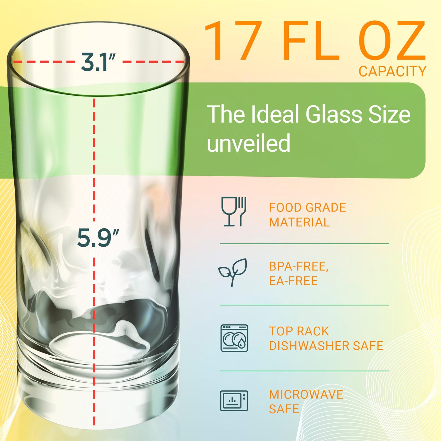 Bravario Unbreakable Plastic Drinking Glasses Set of 4 - Shatterproof Plastic Tumblers, Tritan Clear Cups, BPA Free Reusable Water Glasses, Dishwasher Safe Highball Drinkware, 17 oz
