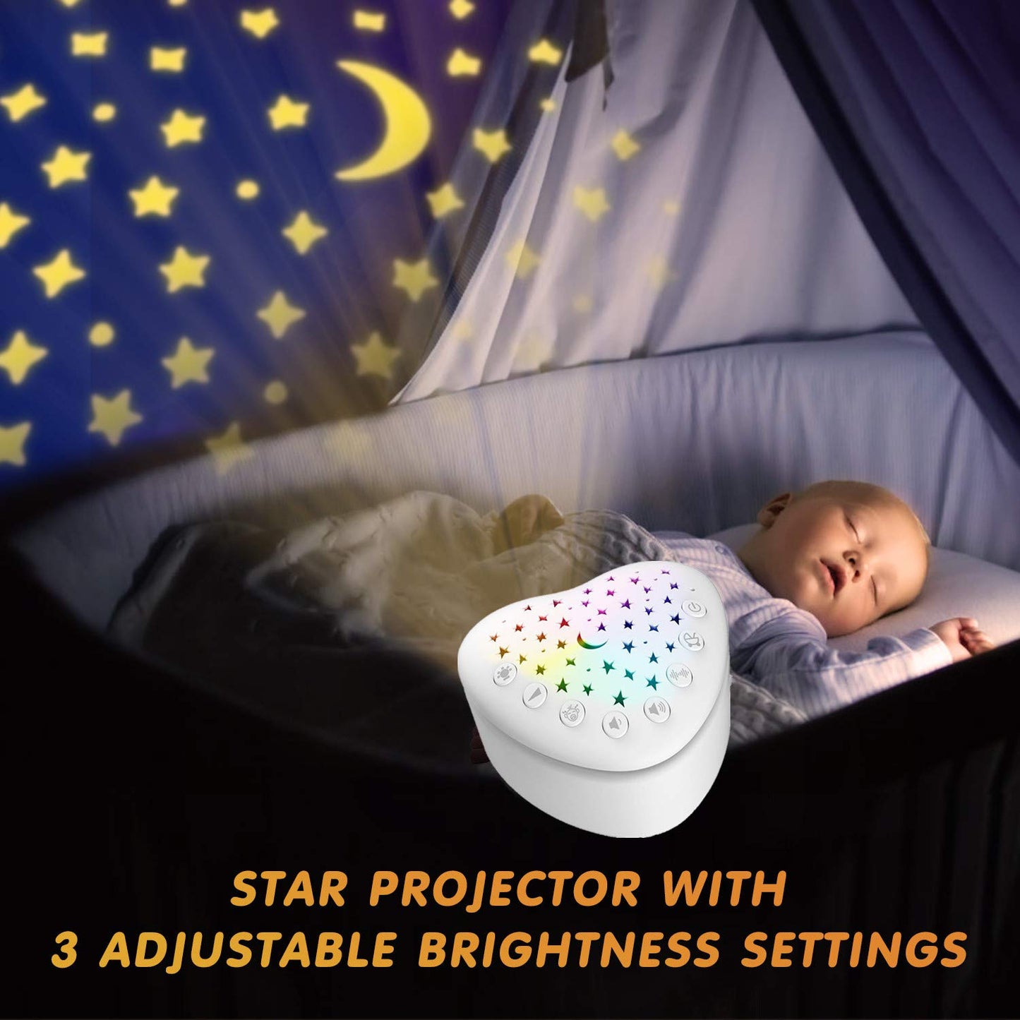 BEREST A13 White Noise Machine & Baby Sleep Soother with 15 Soothing Sounds & Projector Night Light Music Box, Cry Sensor, Rechargeable Lithium Battery, Portable for Newborns, Toddlers, Attaches to Crib