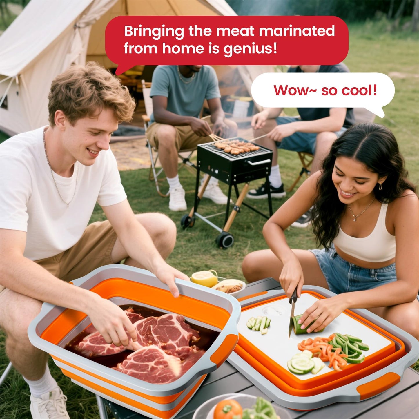 BBQ Prep Tub 3-in-1 Large 30L Collapsible Cutting Board with Locking Lid for Meal Prep Marinating Food, Camping Sink with Colander, Dish Basin, Storage Blanket for Camping Picnic BBQ, Orange