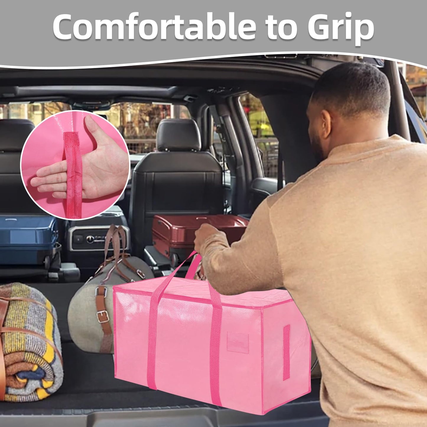 Extra Large Heavy Duty Moving Bags - Waterproof Storage Totes with Reinforced Handles & Zippers, Foldable for College Dorm Essentials, Clothes Storage & Travel (6-Pack Pink)