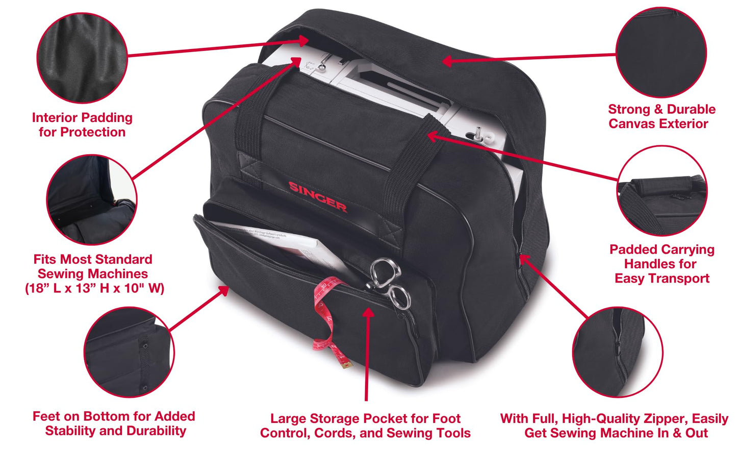 SINGER | Machine Carrying Case, Black, Spacious Case Fits Most Standard Sewing Machines and Sergers, Fully-Padded Interior, Durable Canvas Exterior, Easy Zip, Large Front Pocket, Easy Transport