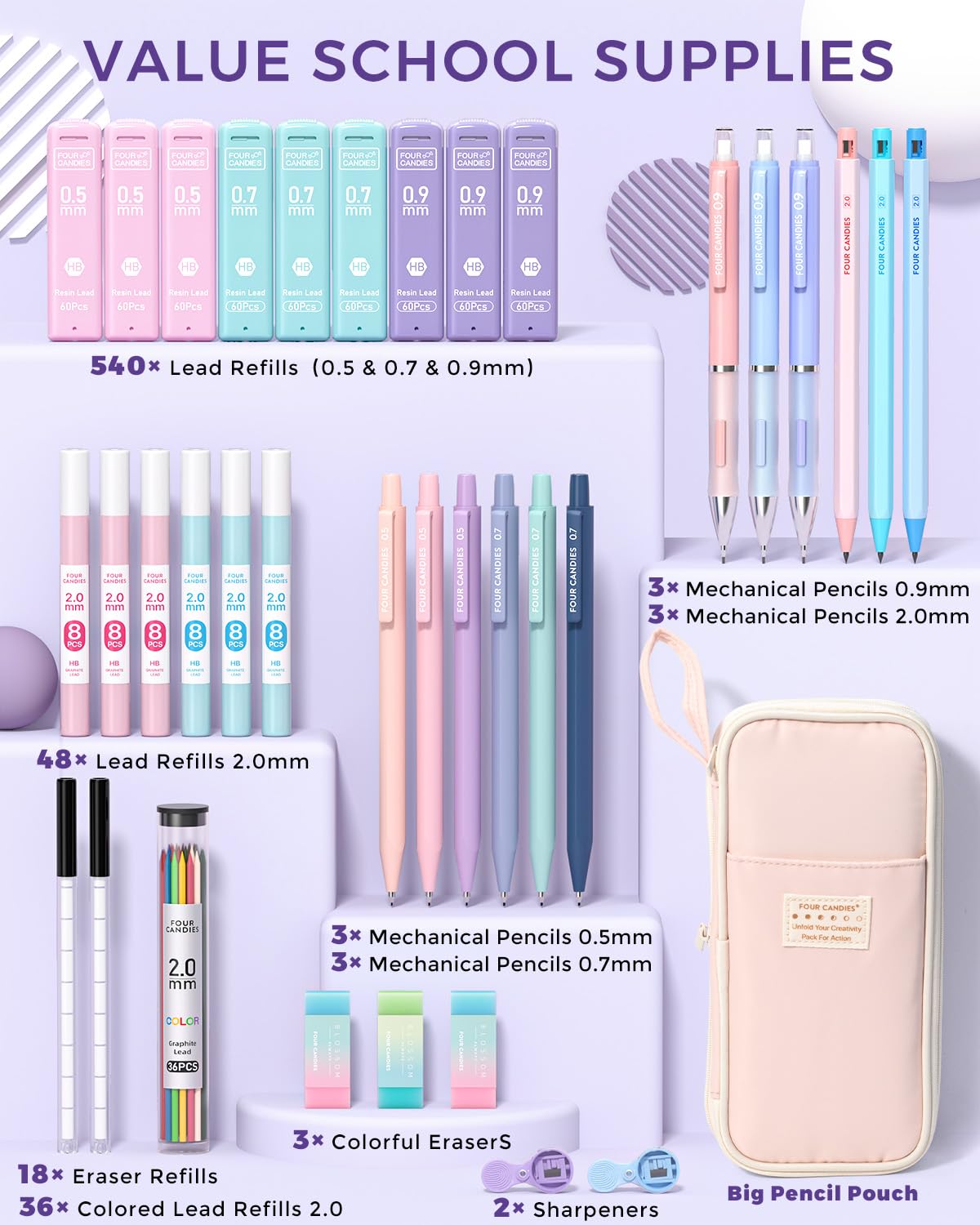 Four Candies 36PCS Aesthetic School Supplies with Pencil Case, Mechanical Pencils 0.5mm, 0.7mm, 0.9mm & 2.0mm with 624PCS Lead Refills, Cute Mechanical Pencils for Writing, Drawing & Drafting (Pink)