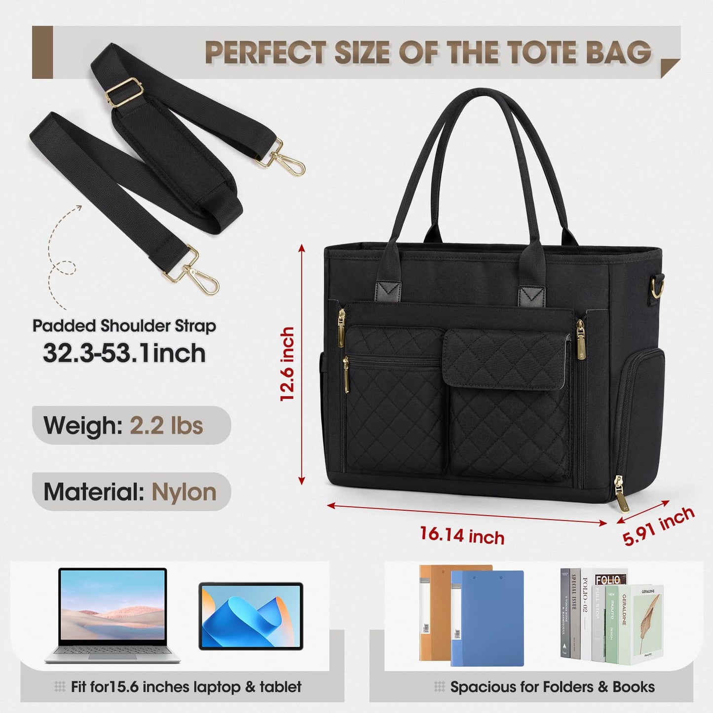RAINSMORE Teacher Tote Bag with Insulated Lunch Compartment 15.6 inch Laptop Bag for Women Large Work Bags Nurse Bags Professional Briefcase Computer Handbag for Office, College, Nursing, Black