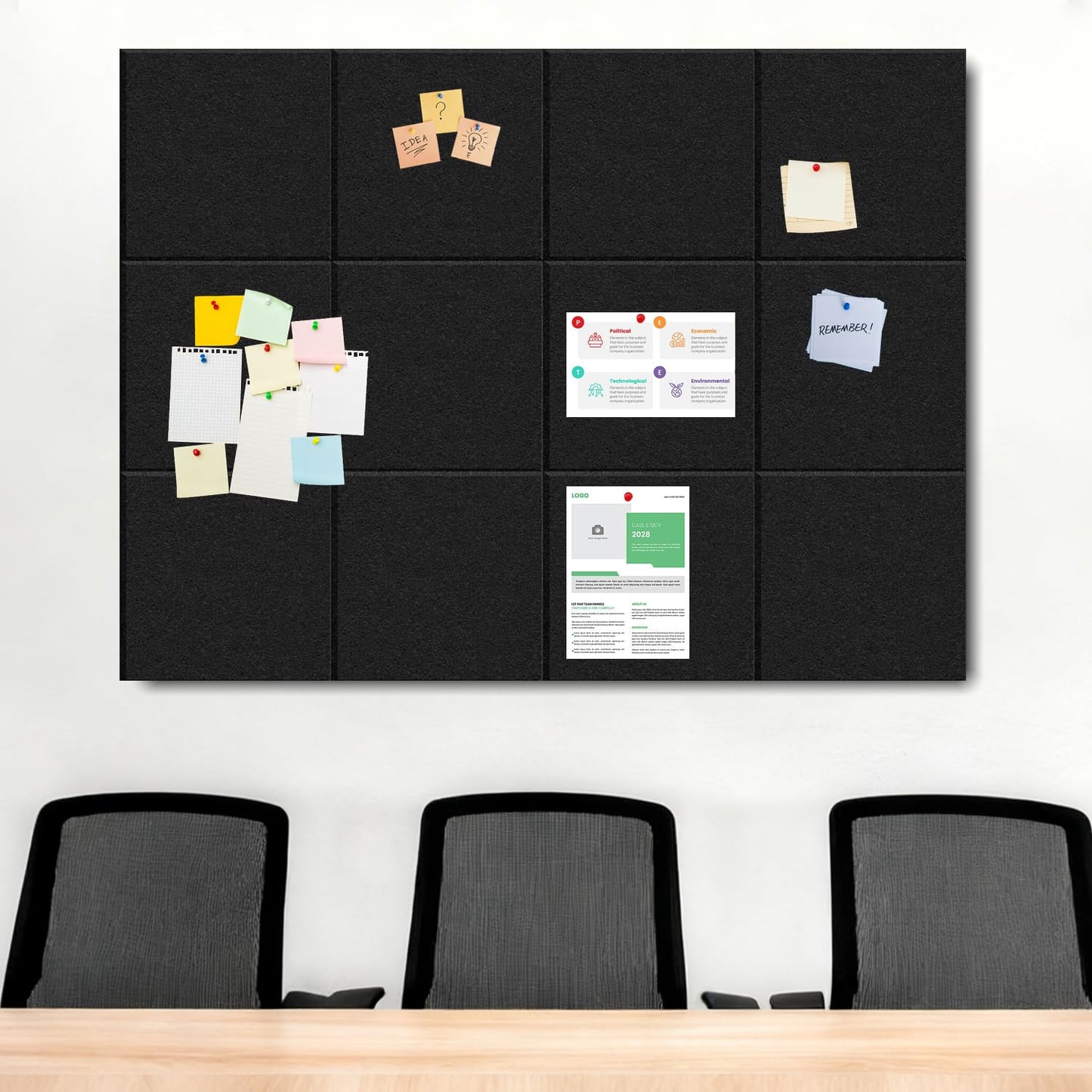 Large Cork Board for Walls, 12 Packs Black Felt Wall Tiles with 35 Pushpins, 48" X 36" Large Bulletin Board, Removable Cork Board Alternative for Home School Office Wall Decor (Black, Square-12pcs)